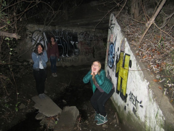 Sam Corio, Jackie Abeyta, and Hannah Russell are not making a good choice being in a bad environment late (the "rape tunnel" at night. But, at least they are together. 